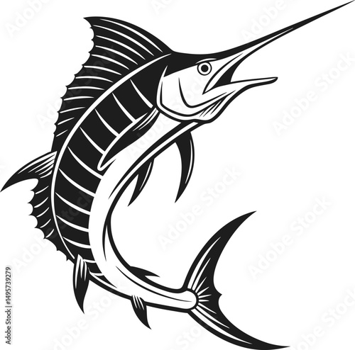 Marlin Fish Silhouette Design Illustration.  Marlin Fish. Ocean Marlin Fish Silhouette Artwork. Marlin Game Fish Silhouette Design