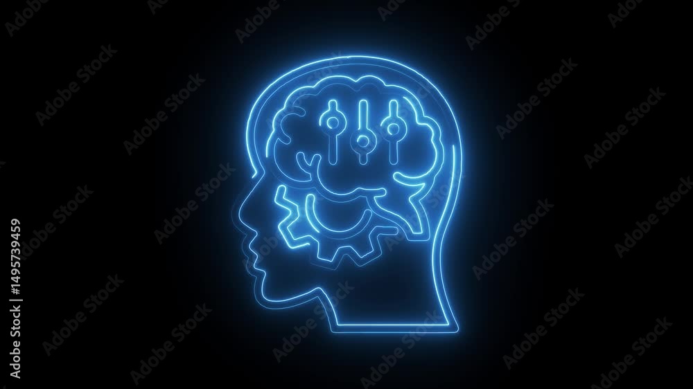 Glowing head silhouette with brain,gears,and settings illustrating artificial intelligence concept Glowing head silhouette with brain,gears,and settings illustrating artificial intelligence concept