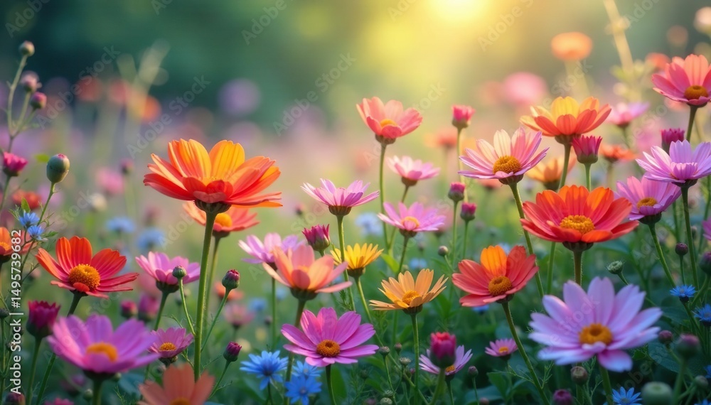 Delicate wildflowers in vibrant hues, repeating infinitely , seamless, nature Delicate wildflowers in vibrant hues, repeating infinitely , seamless, nature