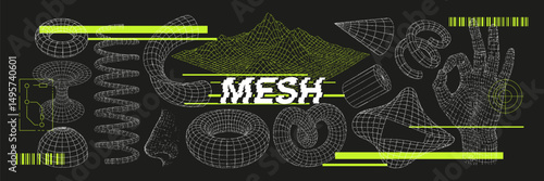 Futuristic Wireframe 3D Mesh Set with Hand, Terrain, Circuit and Digital Shapes in dot texture line.