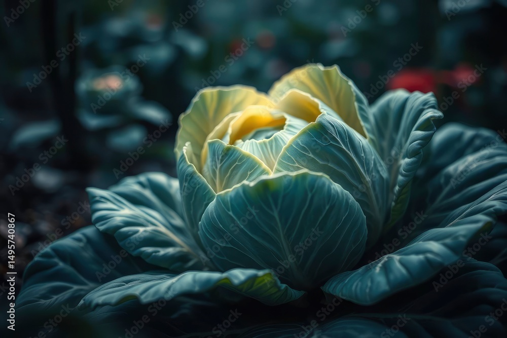 Obraz premium Serene Cabbage Close-up: Moody Green Hues and Textured Leaves