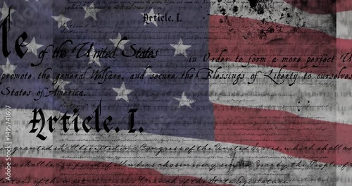 Starting faded scroll preamble unfolding Constitution Article I rising over waving flag for preview