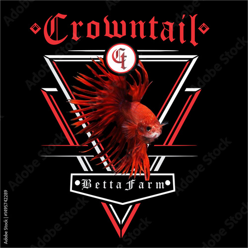 Fierce Red Crowntail Betta With Geometric Background Design Element. Vector Illustrator