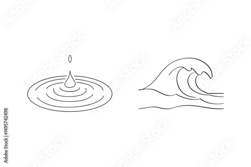 Minimalist line art illustration of a water drop rippling and an ocean wave