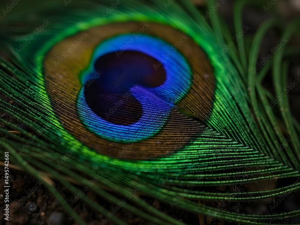 Fototapeta premium close up shot of vibrant peacock feather with showcasing its intricate texture and patterns