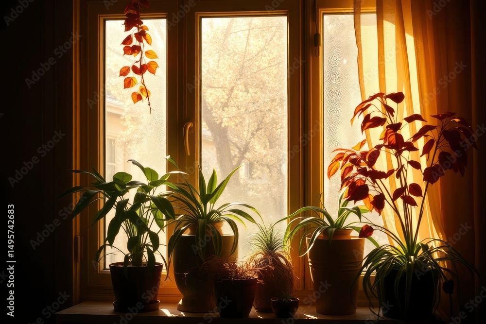 Sunlit Windowsill: Houseplants in a Serene, Golden Hour Setting Sunlit Windowsill: Houseplants in a Serene, Golden Hour Setting