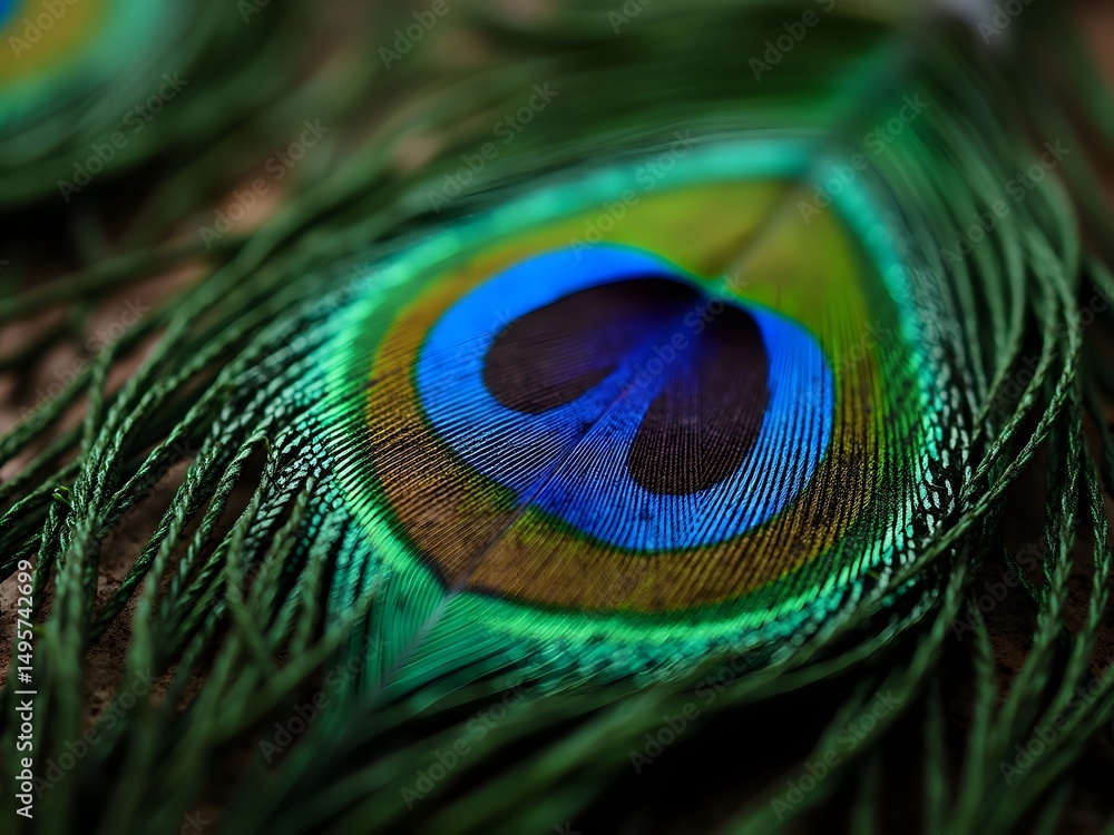 Obraz premium close up shot of vibrant peacock feather with showcasing its intricate texture and patterns
