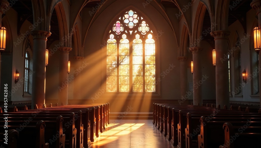Fototapeta premium Sunlight streams through stained glass onto choir loft, historic, sacred