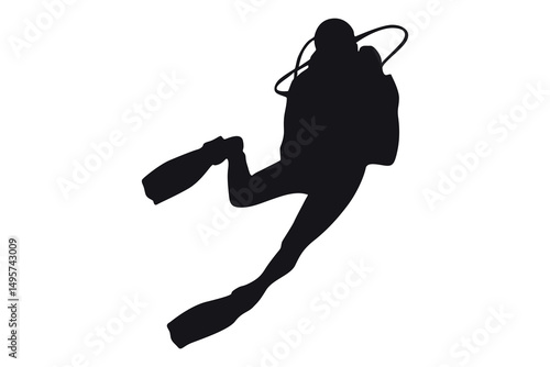 Vector art of Silhouette of scuba diver with flippers and oxygen tank isolated on white background