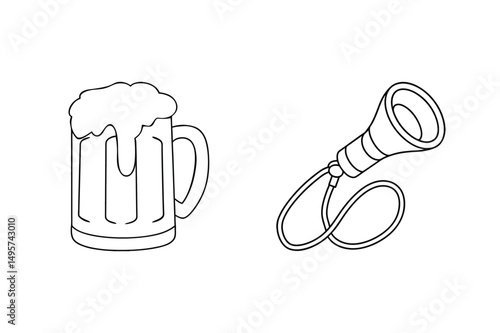 Line art illustration of a beer stein and a megaphone on a white background