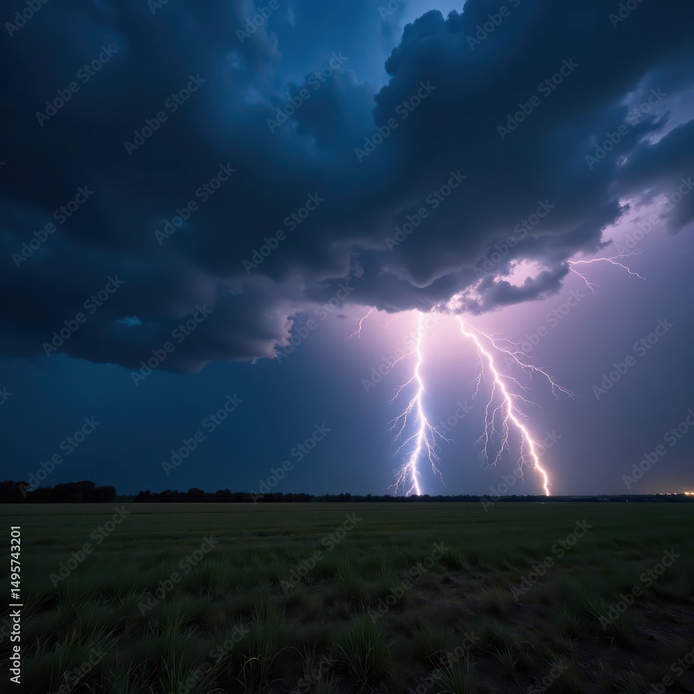 Jagged lightning illuminates brooding, dark landscape; ominous clouds gather , night, sky, high contrast Jagged lightning illuminates brooding, dark landscape; ominous clouds gather , night, sky, high contrast