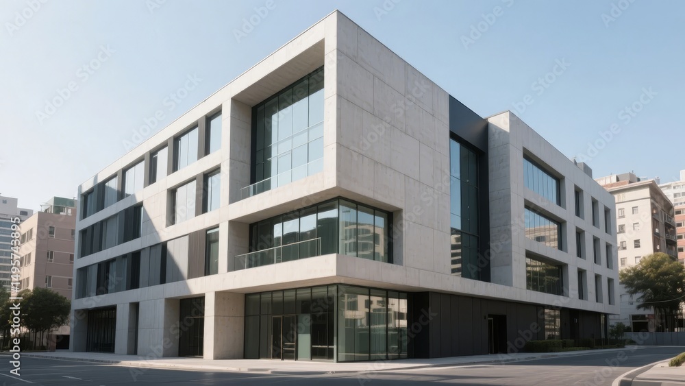 Modern Multi-Story Office Building with Glass and Concrete Facade Modern Multi-Story Office Building with Glass and Concrete Facade