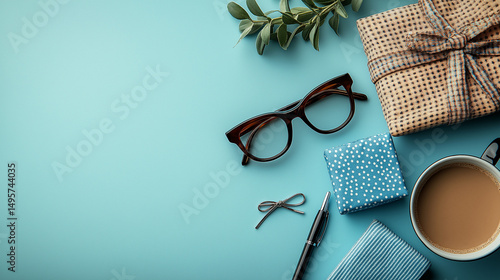 All accessories of Father's day concepts isolated on blue background which top view.