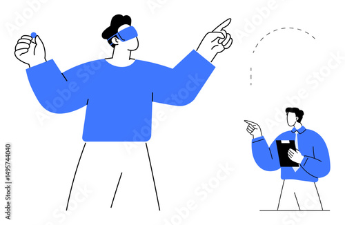 Two figures, one large and pointing forward, and another small taking notes, representing leadership, direction, and collaboration. Ideal for teamwork, mentorship, innovation strategy leadership