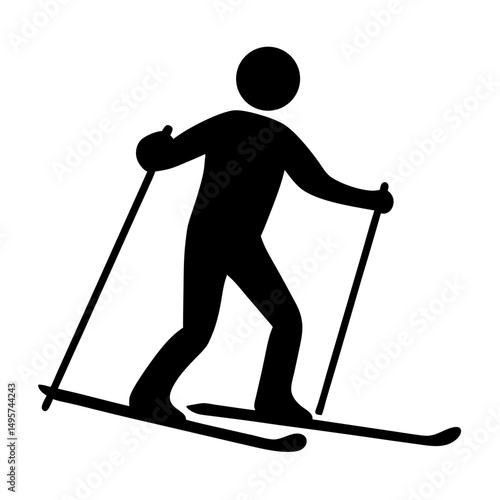 Simple black and white silhouette image of a person cross country skiing