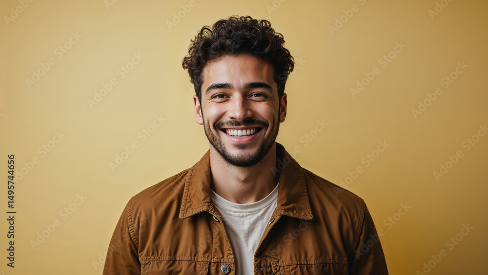 Obraz premium Portrait of happy young man smiling on yellow background
