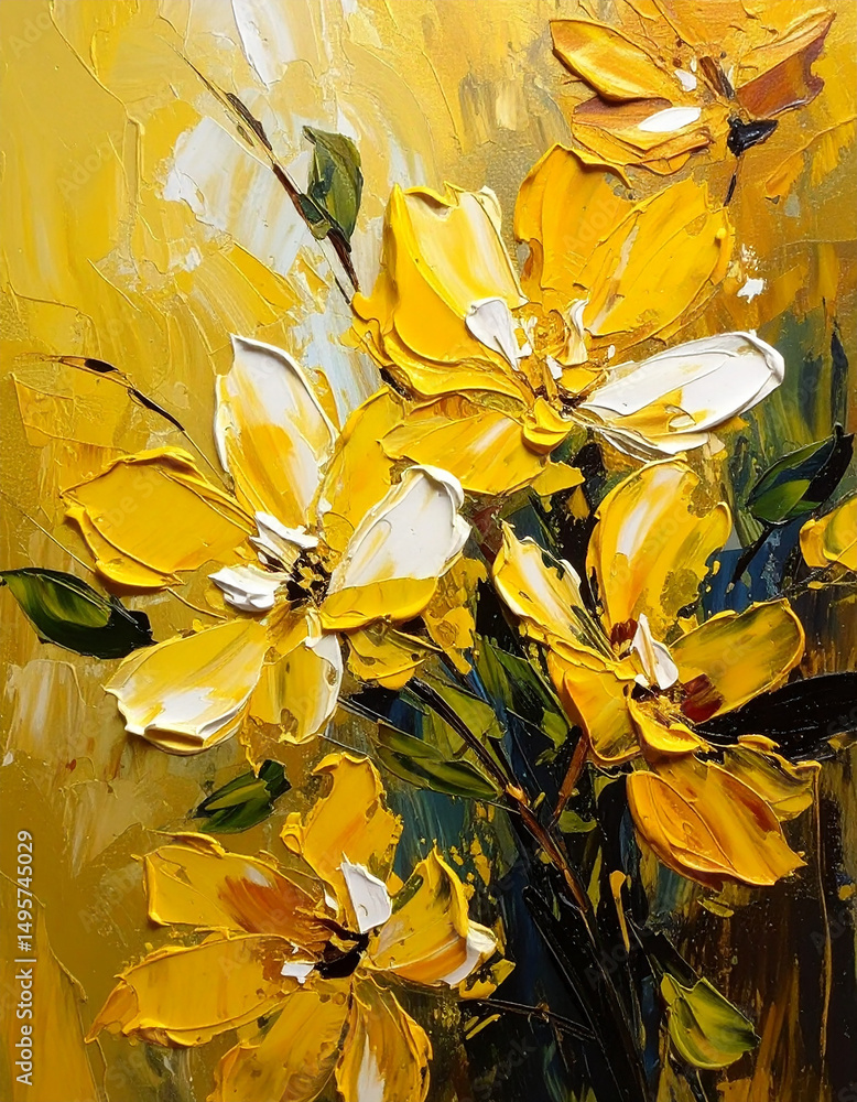 Obraz premium Beautiful oil painting of spring or summer flowers, yellow tones. Floral design. Textured hand drawn