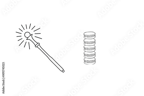 Magical wand conjuring macarons in minimalistic black and white outline illustration