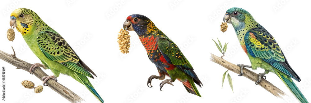 Fototapeta premium Set of A Speckled Parrot Holding a Seed Bird images isolated on a transparent background.