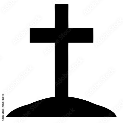 Simple black cross on a hillock, representing religious faith and remembrance