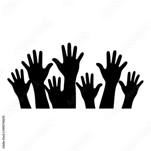 Silhouette of multiple hands raised in the air, symbolizing unity and support