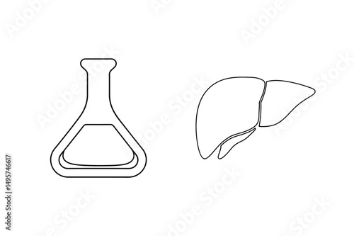 Outline illustration of a laboratory flask and a healthy human liver organ symbol