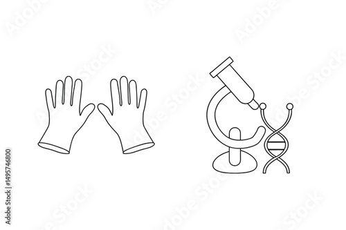 Medical research and laboratory equipment including gloves microscope and dna strand
