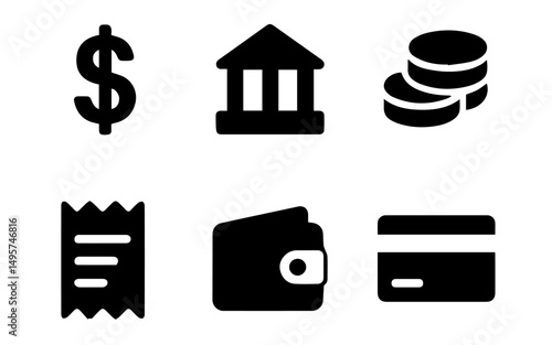 Financial icons, including a dollar sign, bank, coins, receipt, wallet, and a credit card.