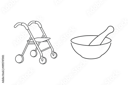 Outline illustration of a medical walker and a mortar and pestle on white