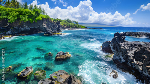 Wallpaper Mural Aerial view of turquoise ocean water crashing against black rocks near lush green coastline Torontodigital.ca