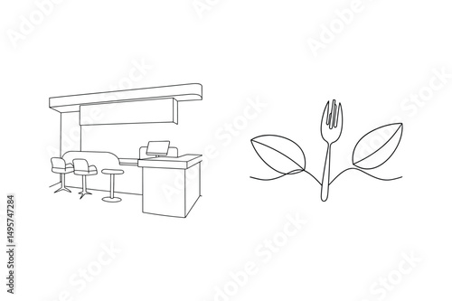 Minimalist line art illustration depicting a restaurant interior and food with leaves