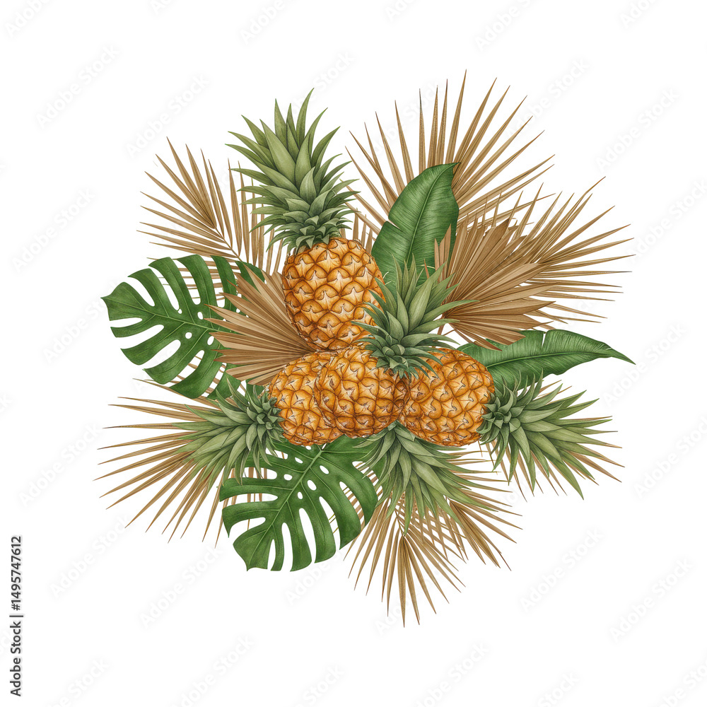 Fototapeta premium Tropical arrangement pineapples, palm fronds, & monstera leaves on a black background