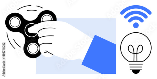 Hand holding spinning fidget spinner alongside wireless signal and glowing light bulb, symbolizing innovation, focus, mindfulness, creativity, connectivity, productivity, and modern technology. Ideal