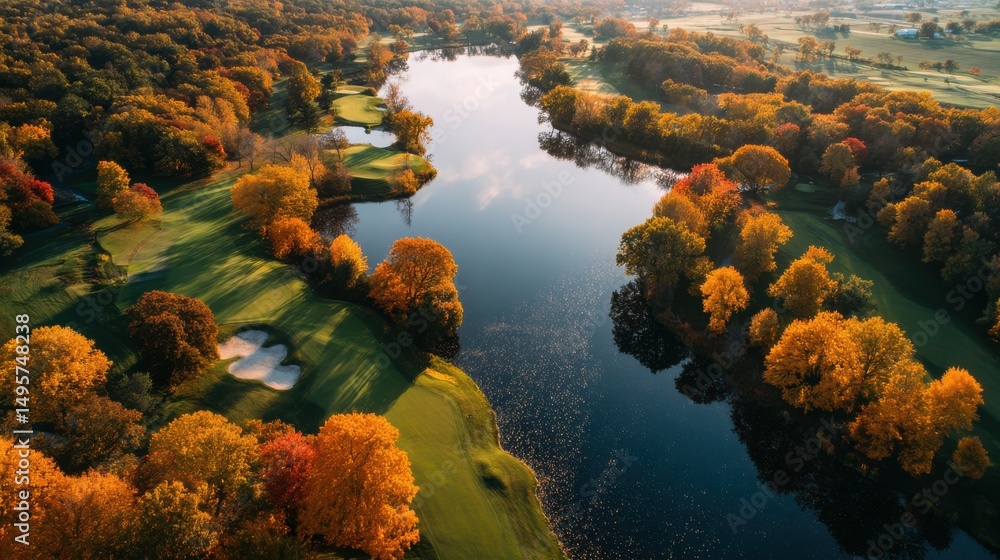 A stunning image of aerial View of Autumn Golf Course with Vibrant Trees, Sand Bunkers, Rolling Greens, and Peaceful Lake, Fall Landscape, Golfing in Autumn, Golf Course Reflection.