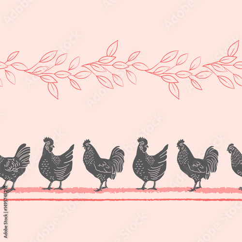 Hens and Botanicals Vector Seamless Horizontal Borders Set