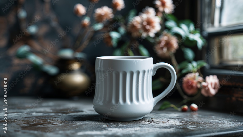 White fluted mug standing on dark wooden table near window with flowers White fluted mug standing on dark wooden table near window with flowers
