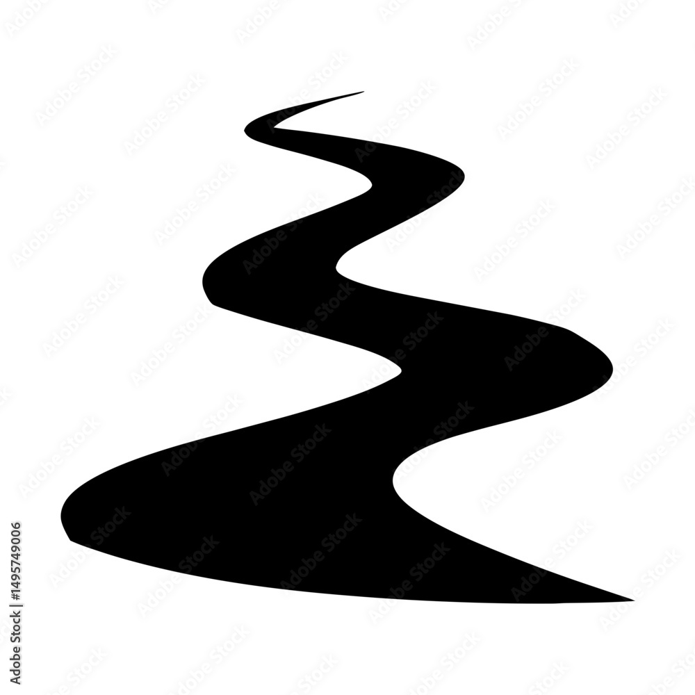 A winding black path leads into the distance over a white background A winding black path leads into the distance over a white background