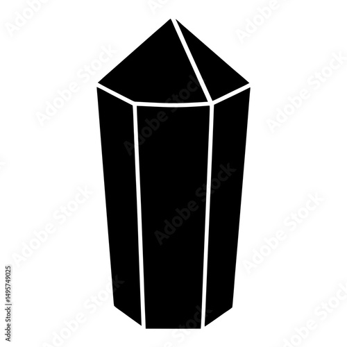 Minimalist black illustration of a multifaceted crystal or geometric obelisk form