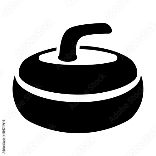 A black and white illustration of a curling stone with handle