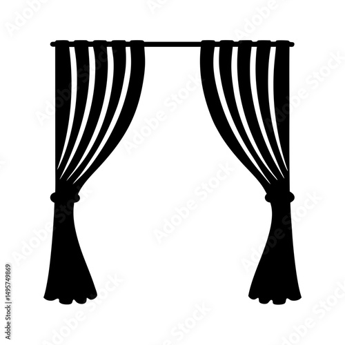 Silhouette of elegant curtains with tiebacks on a rod, centered on white