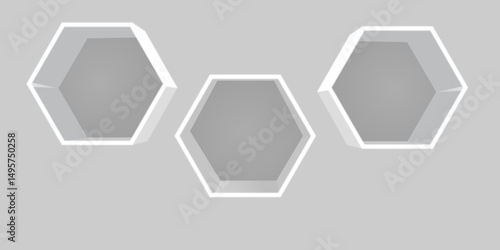 Empty hexagon shelves on white wall 3D mockup. Shop, gallery plastic or wooden showcase to present product.