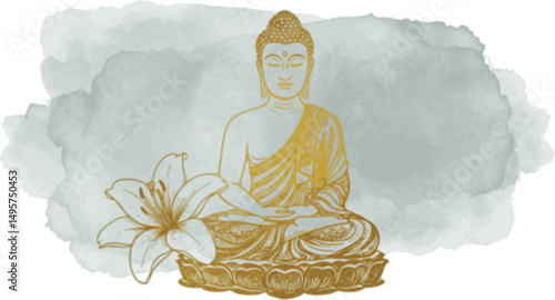 Abstract watercolor background with Buddha, gold texture and hand drawn Lily flower. Vector illustration PNG