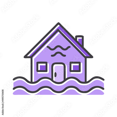 Flooded house icon illustrated in purple color scheme  