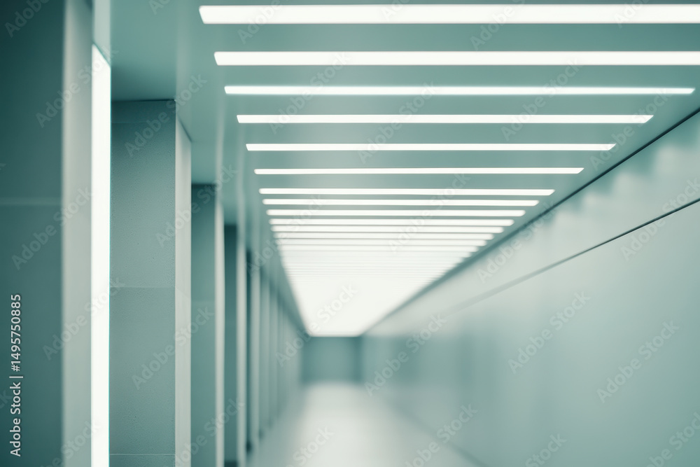 Obraz premium Modern futuristic corridor with fluorescent lights in symmetrical perspective, architectural design concept