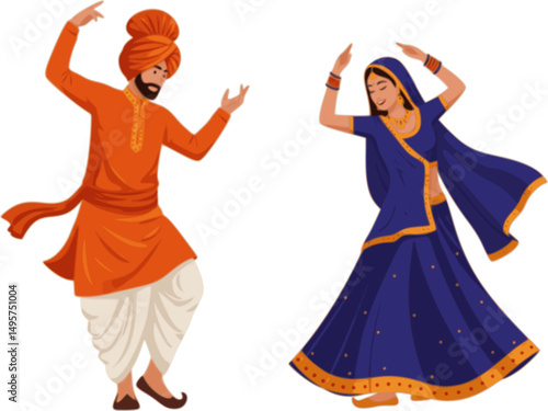 Indian man and woman in traditional dress performing folk dance on Lohri Festival

