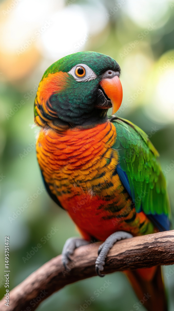 Obraz premium Vibrantly colored parrot perched on a branch in a tropical setting, showcasing its bright green, orange, and blue plumage