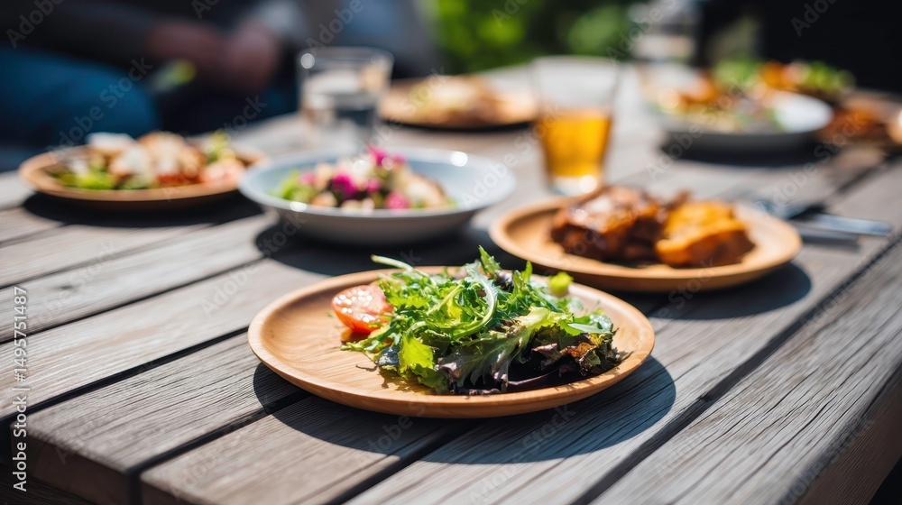 Outdoor Dining Table with Fresh Salad, Grilled Meat, and Refreshments Outdoor Dining Table with Fresh Salad, Grilled Meat, and Refreshments