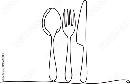  one line vector illustration of spoon, fork, and knife as elegant kitchen cutlery on white background