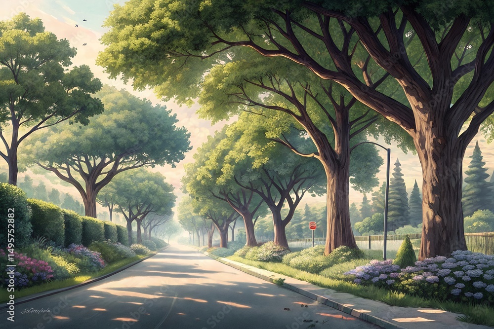 Obraz premium Sunlit Tree-Lined Street Serene Landscape Illustration