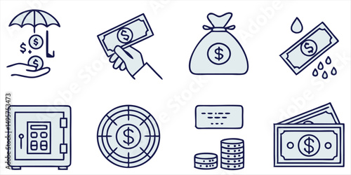 Finance security and protection vector icons, money saving and insurance illustrations